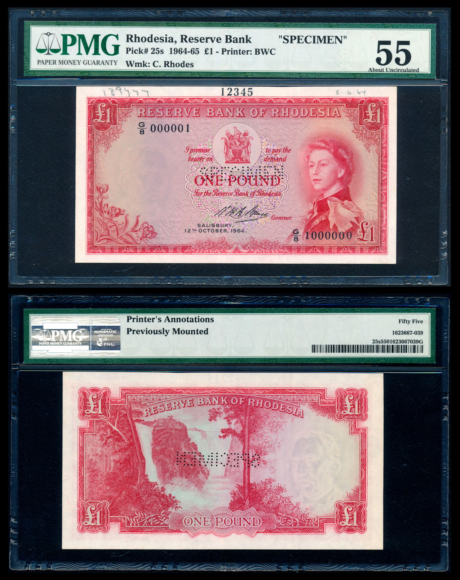 Rhodesia 1 Pound 1964 QEII specimen PMG (1 of 1)