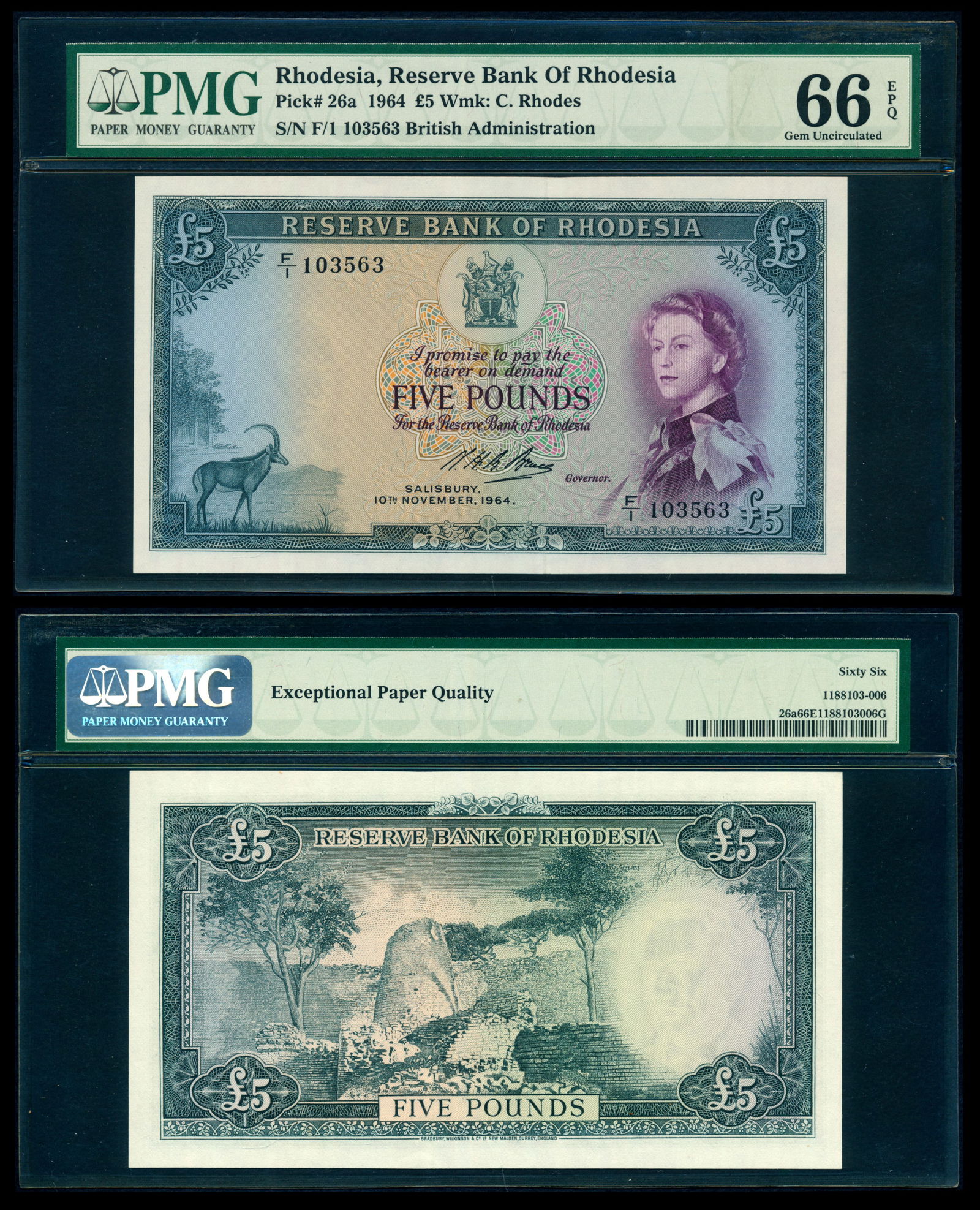 Rhodesia 5 Pounds 1964 QEII PMG (1 of 1)