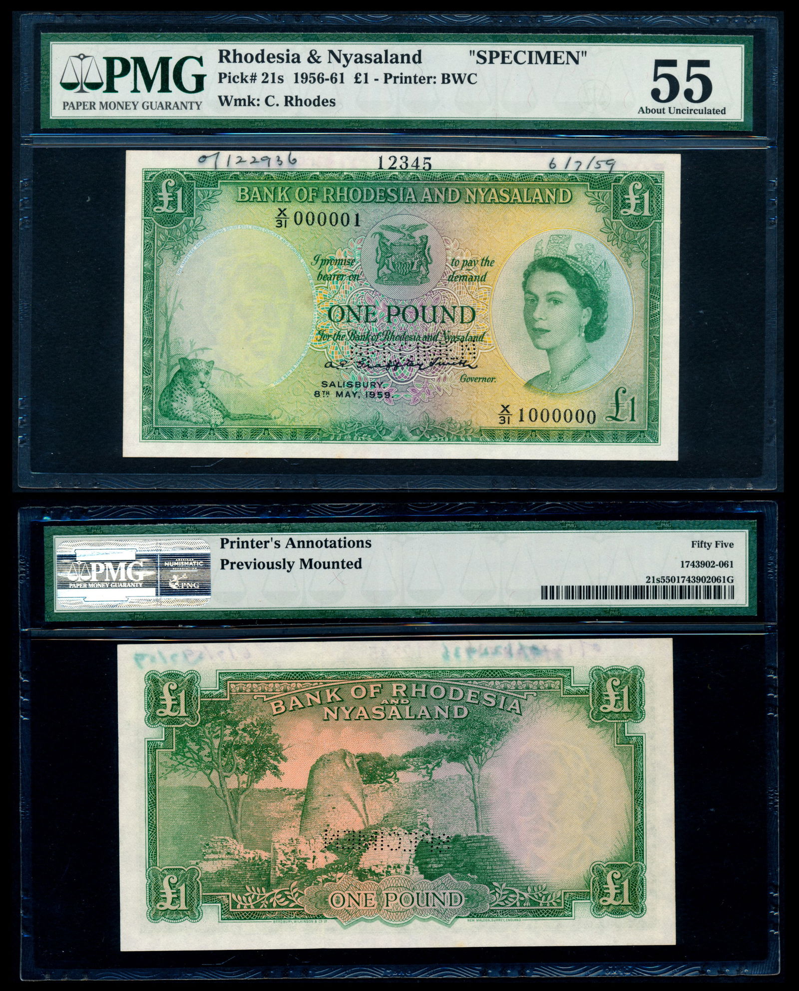 Rhodesia&Nyasaland 1 Pound 1956-61 QEII spec (1 of 1)