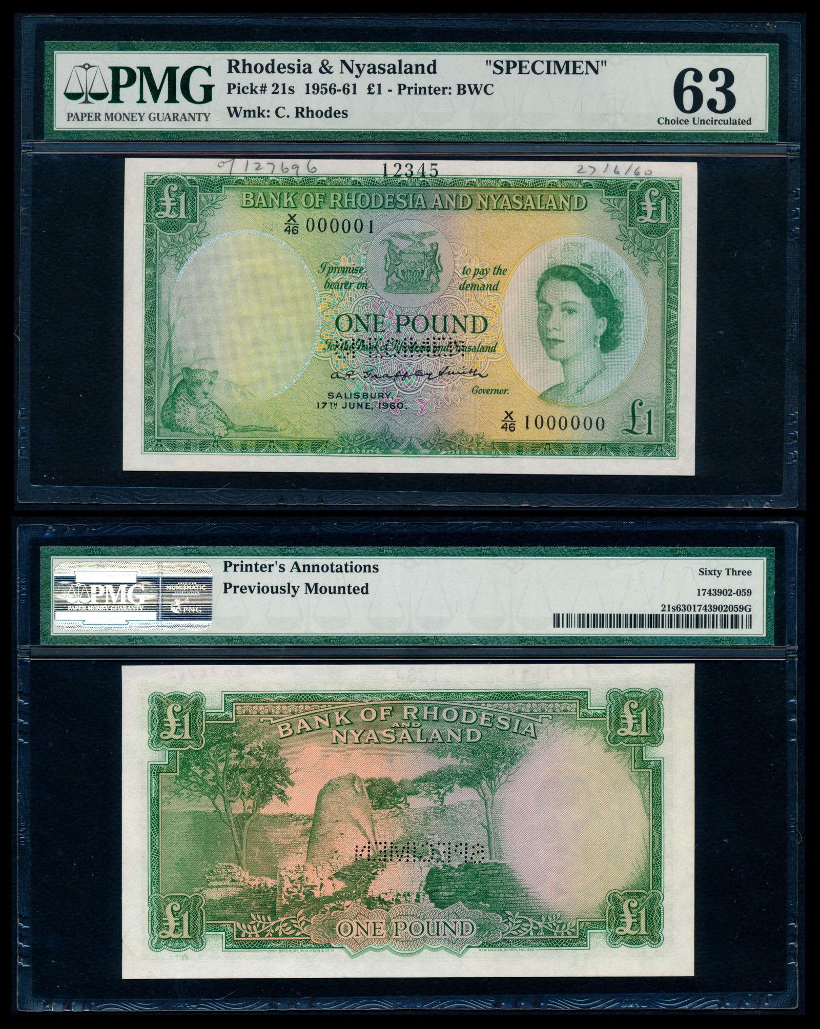 Rhodesia&Nyasaland 1Pound 1960 QEII specimen (1 of 1)