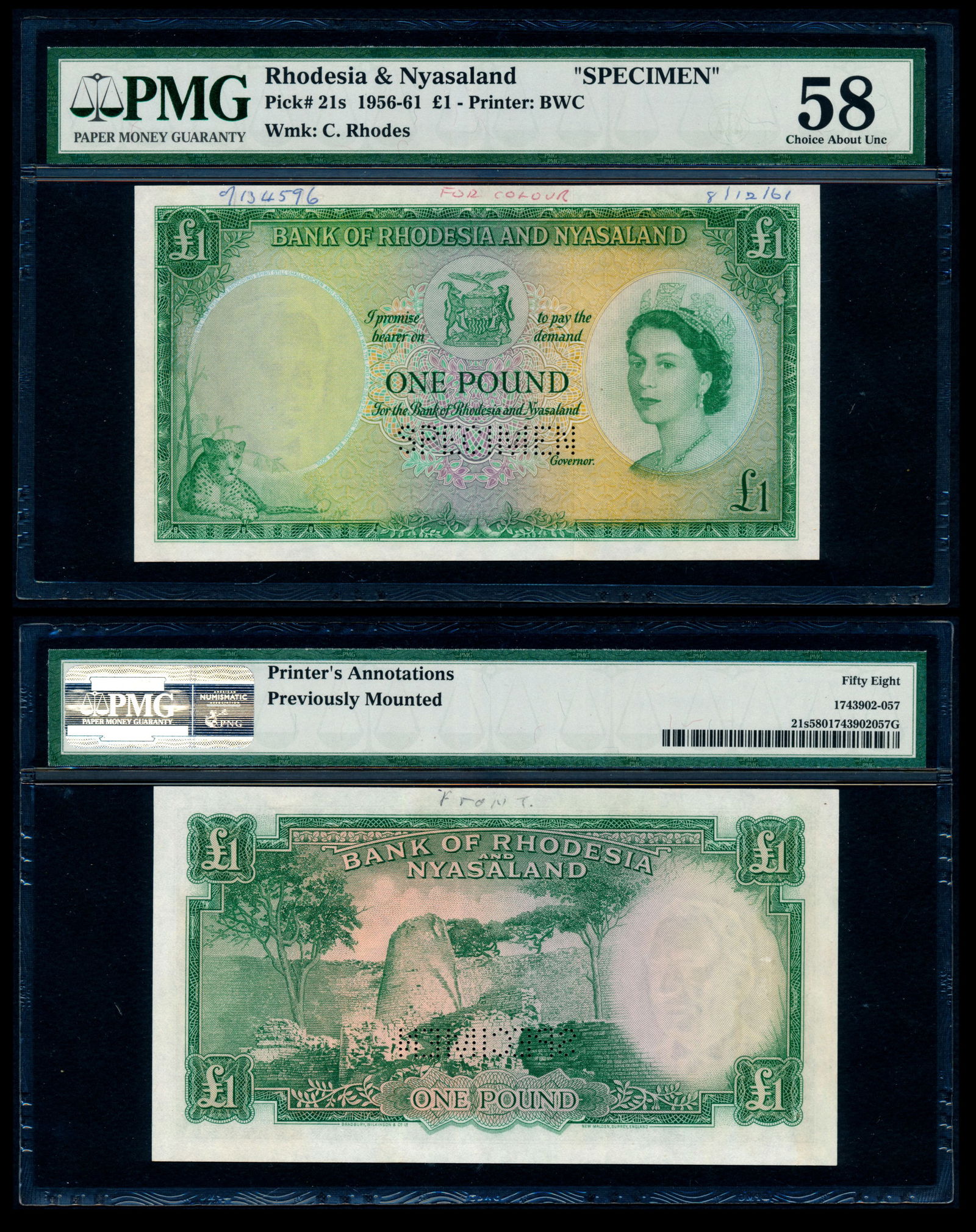 Rhodesia&Nyasaland 1 Pound 1956-61 QEII spec (1 of 1)