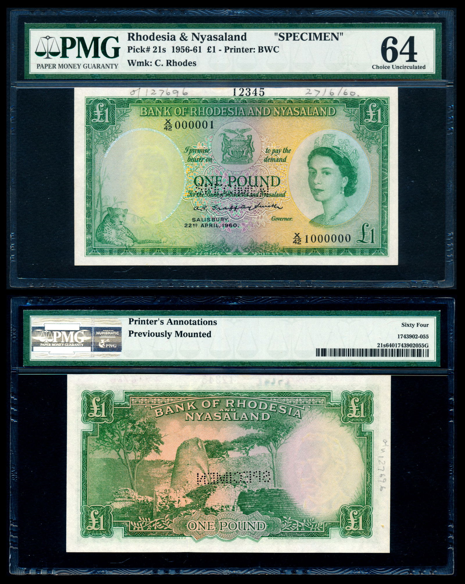 Rhodesia&Nyasaland 1 Pound 1960 QEII  spec (1 of 1)