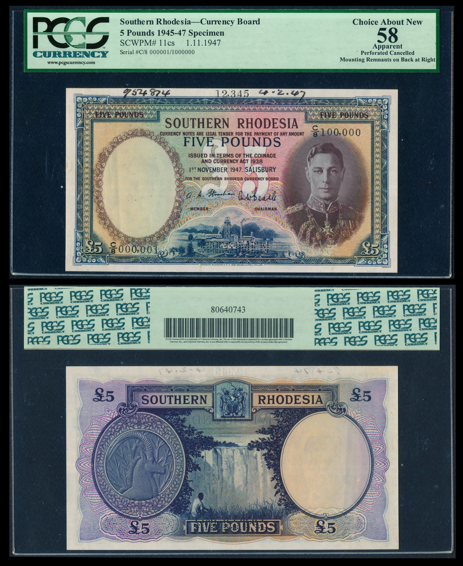 Southern Rhodesia 5 Pounds 1947 KGVI spec (1 of 1)