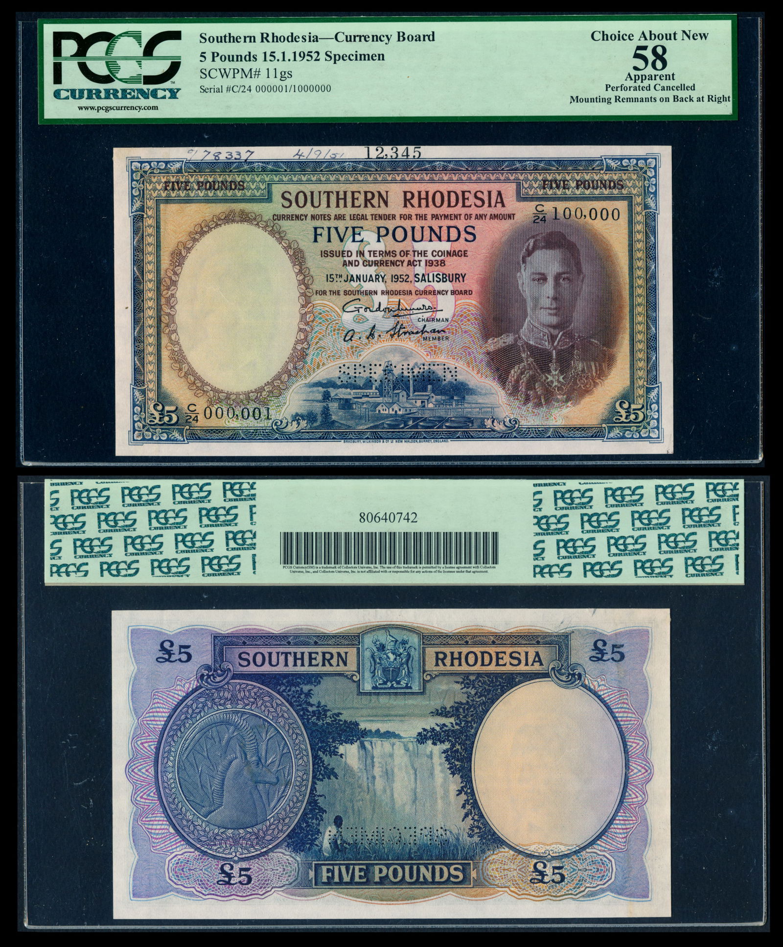 Southern Rhodesia 5 Pounds 1952 KGVI  spec (1 of 1)