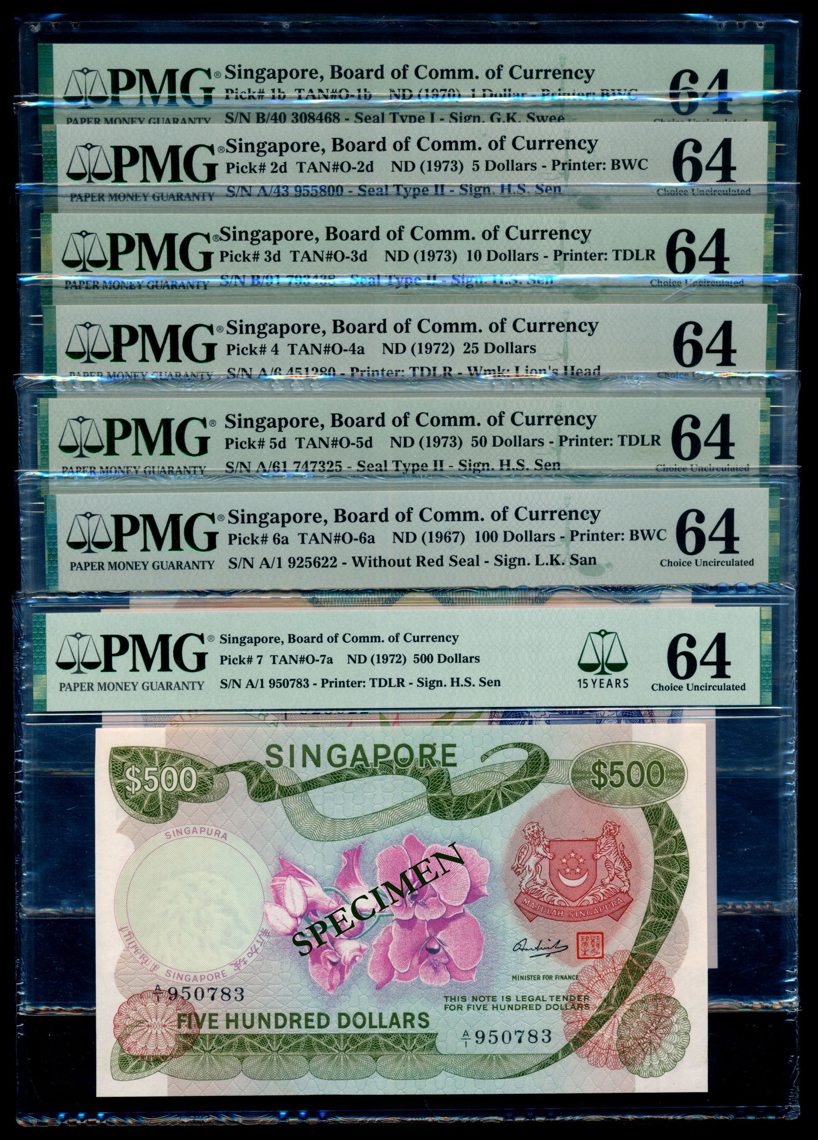 7 Singapore $1-$500 1967-73 PMG: Singapore $1, (1970), orchids, sign. Goh Keng Swee; $5, (1973), orchids, sign. Hon Sui Sen with seal; $10, (1973), orchids, sign. Hon Sui Sen with seal; $25, (1972), orchids; $50, (1973), orchids, sig