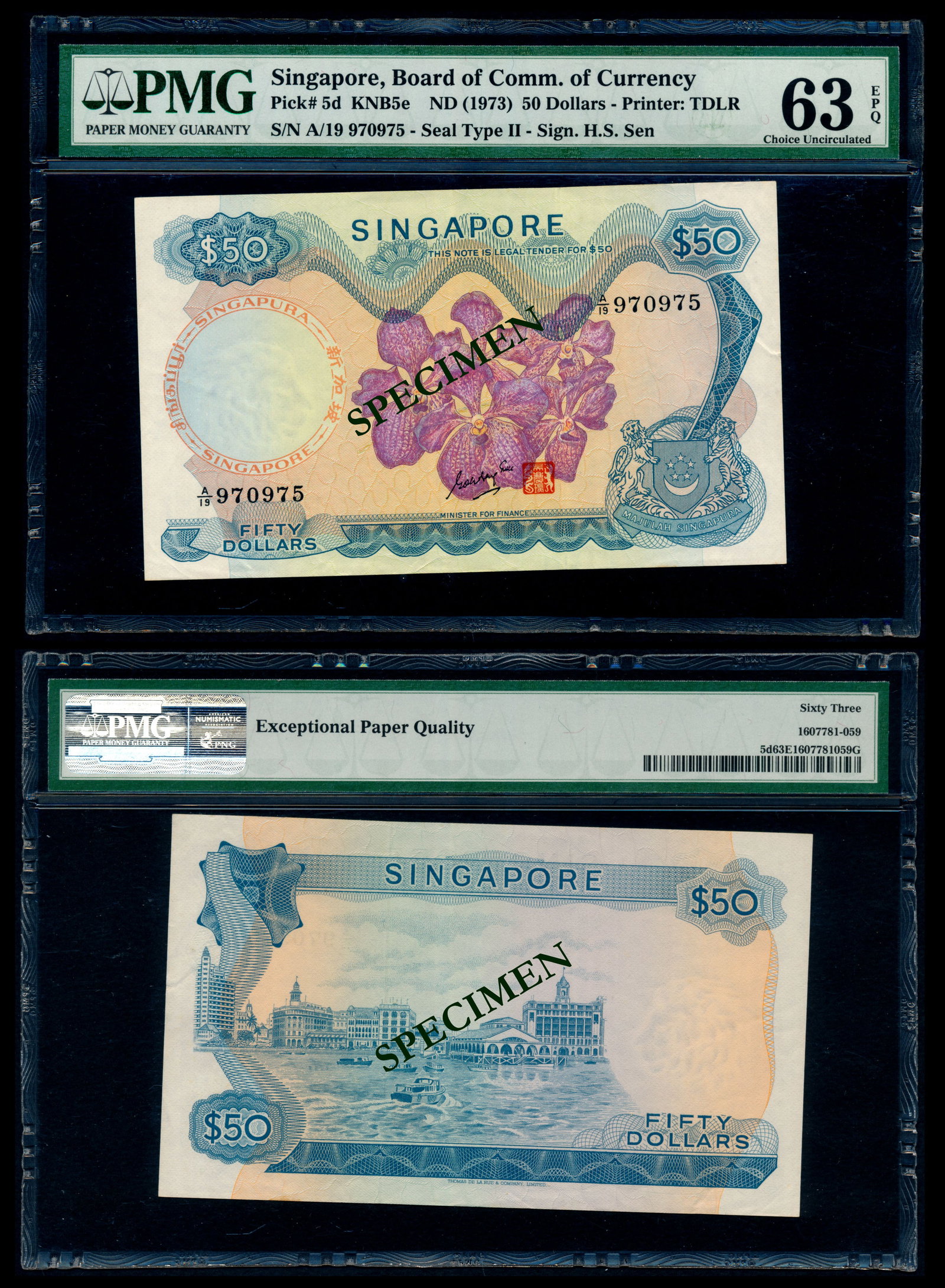 Singapore $50 1970 GKS PMG: Singapore $50, (1970), orchids, sign. Goh Keng Swee, serial no. A/19 970975, PMG Choice UNC63EPQ. Incorrectly labelled by PMG as "H.S. Sen" and "1973".