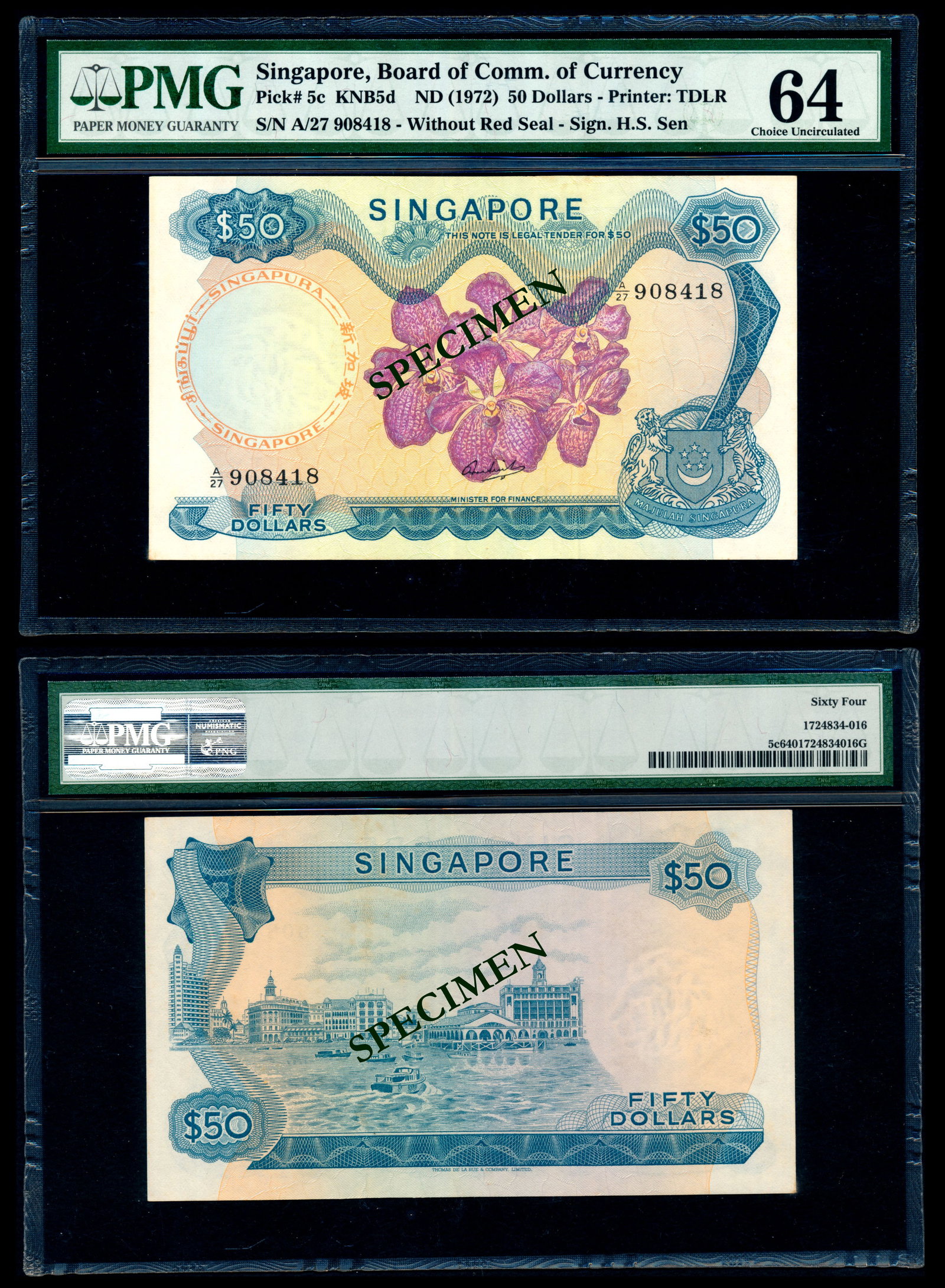 Singapore $50 1972 HSS w/o seal PMG: Singapore $50, (1972), orchids, sign. Hon Sui Sen without seal, serial no. A/27 908418, PMG Choice UNC64.