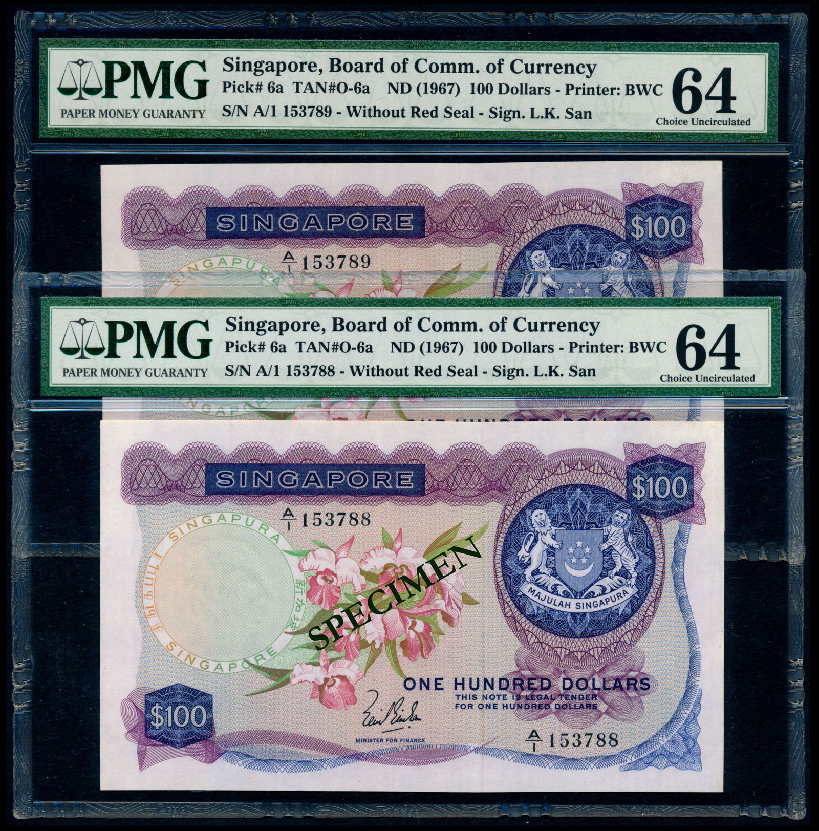 Singapore 2x$100 1967 LKS 1st prefix PMG (1 of 1)