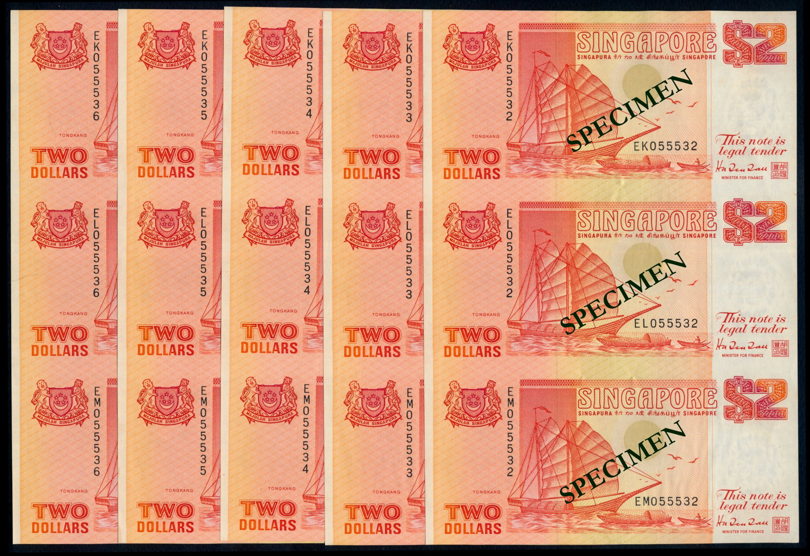 5 Singapore $2 1990 ship orange 3-in-1: Singapore $2, (1990), ship, orange, 5 sets of uncut sheet of 3, all 5 sets with prefixes EK, EL and EM, 1st set all same serial no. 055532, 2nd set all same serial no. 055533, 3rd set all same serial 