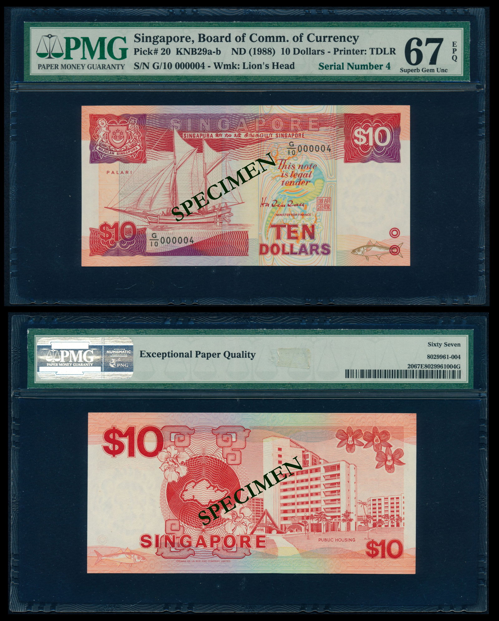 Singapore $10 1988 ship PMG: Singapore $10, (1988), ship, serial no. G/10 000004, PMG Superb Gem UNC67EPQ.