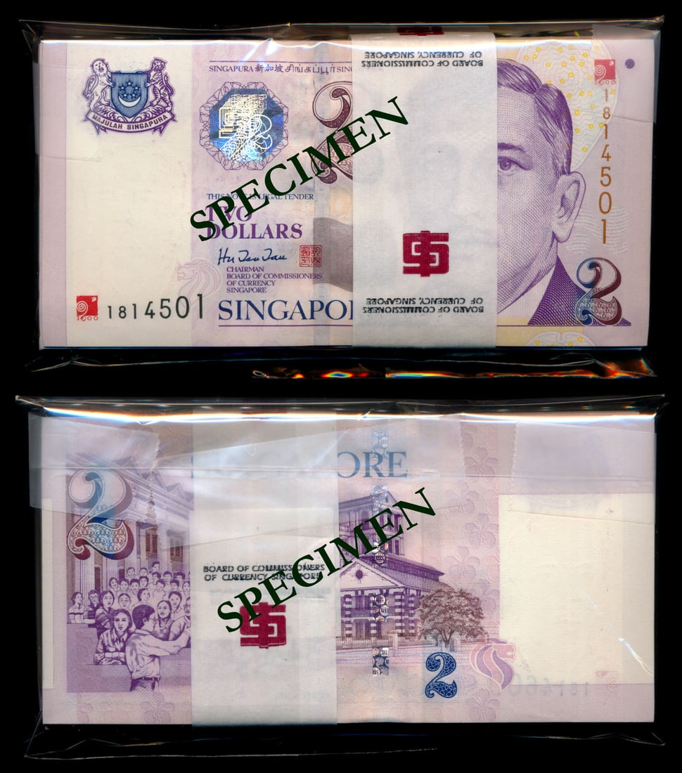 Singapore 100x$2 2000 HTT Millennium logo: Singapore $2, (2000), President Ishak, BCCS, sign. Hu Tsu Tau, red Millennium logo ovpt., serial nos. 1814501 to 1814600, 100 consecutive notes, some ageing, generally AU-UNC, with BCCS band. (100)