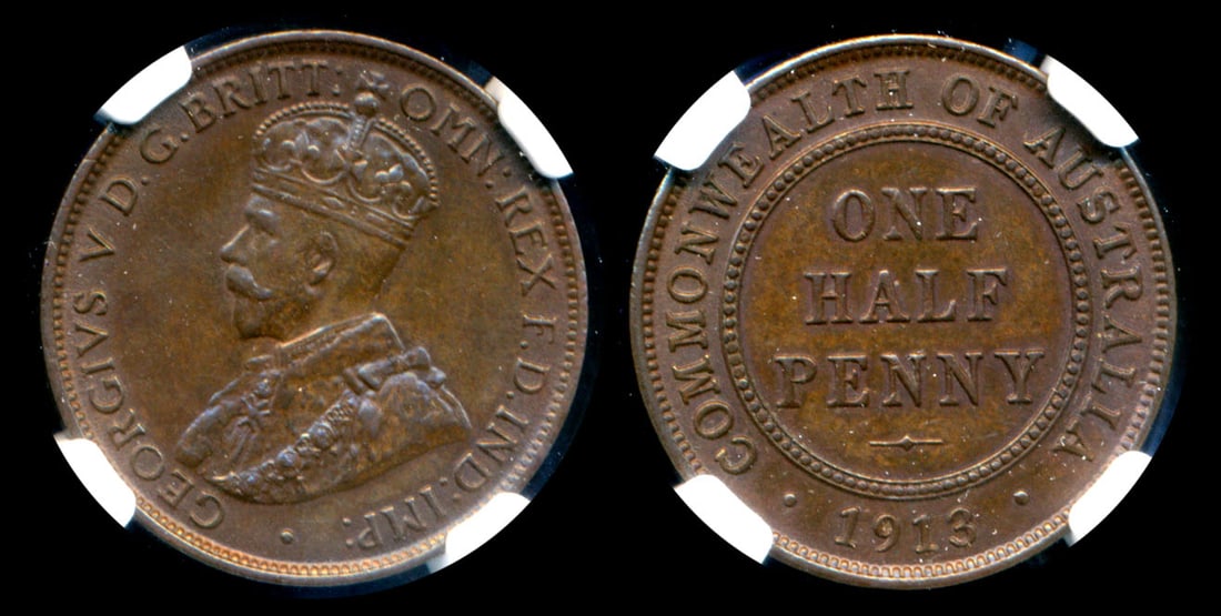 Australia KGV 1/2 Penny 1913 NGC: Australia George V, Half Penny, (KM.22), 1913, wide date, NGC AU55BN. From the Sinnathuray Family Collection.