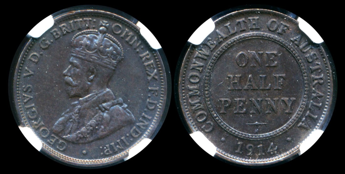 Australia KGV 1/2 Penny 1914H NGC: Australia George V, Half Penny, (KM.22), 1914H, NGC AU58BN. From the Sinnathuray Family Collection.