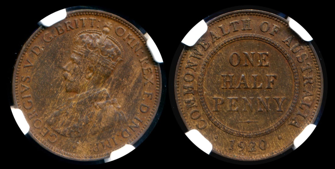 Australia KGV 1/2 Penny 1920 NGC: Australia George V, Half Penny, (KM.22), 1920, NGC XF45BN. From the Sinnathuray Family Collection.