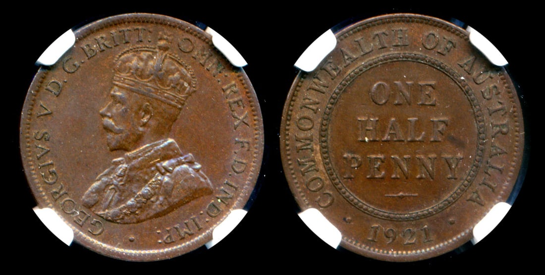 Australia KGV 1/2 Penny 1921 NGC: Australia George V, Half Penny, (KM.22), 1921, NGC AU55BN. From the Sinnathuray Family Collection.