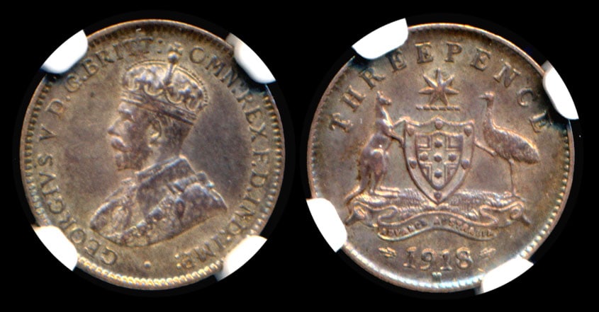 Australia KGV 3 Pence 1918M NGC: Australia George V, 3 Pence, (KM.24), 1918M, NGC AU55. From the Sinnathuray Family Collection.