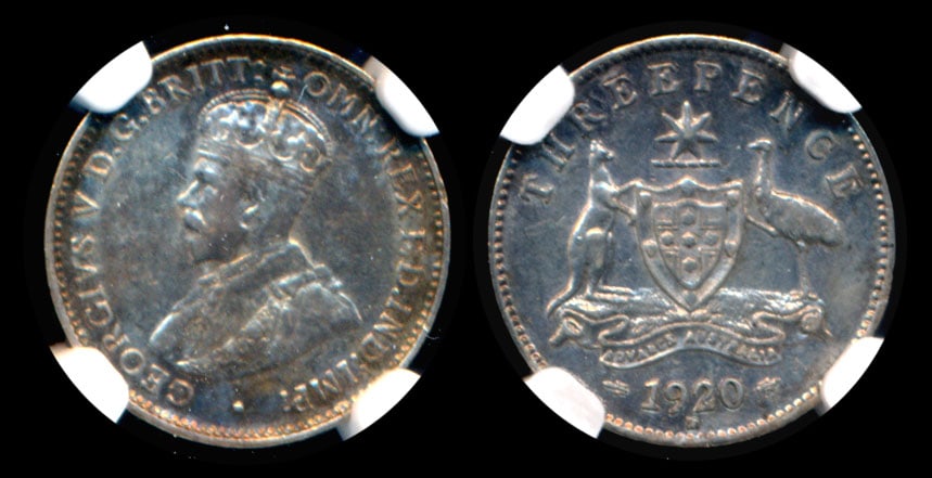 Australia KGV 3 Pence 1920M NGC: Australia George V, 3 Pence, (KM.24), 1920M, NGC AU50. From the Sinnathuray Family Collection.