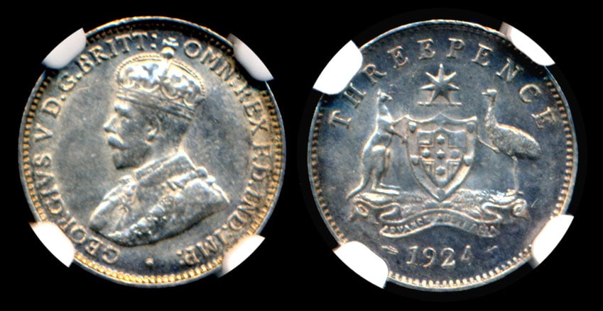 Australia KGV 3 Pence 1924(M&S) NGC: Australia George V, 3 Pence, (KM.24), 1924(M&S), NGC AU58. From the Sinnathuray Family Collection.