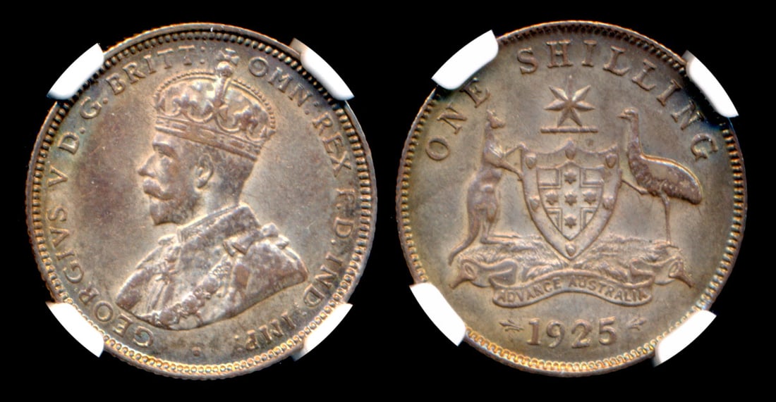 Australia KGV Shilling 1925/3 (M&S) NGC: Australia George V, Shilling, (KM.26), 1925/3 (M&S), NGC AU58. From the Sinnathuray Family Collection.