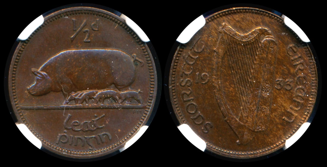 Ireland 1/2 Penny 1933 NGC: Ireland Half Penny, (KM.2), 1933, NGC MS62BN. From the Sinnathuray Family Collection.