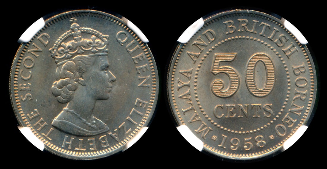 Malaya Br Borneo QEII 50c 1958H NGC: Malaya & British Borneo Queen Elizabeth II, 50 Cents, (KM.4.1), 1958H, NGC MS65.