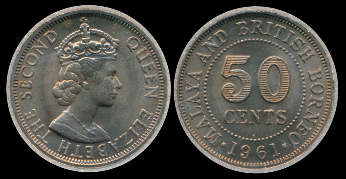 Malaya Br Borneo QEII 50c 1961H NNC: Malaya & British Borneo Queen Elizabeth II, 50 Cents, (KM.4.1), 1961H, NNC MS66.