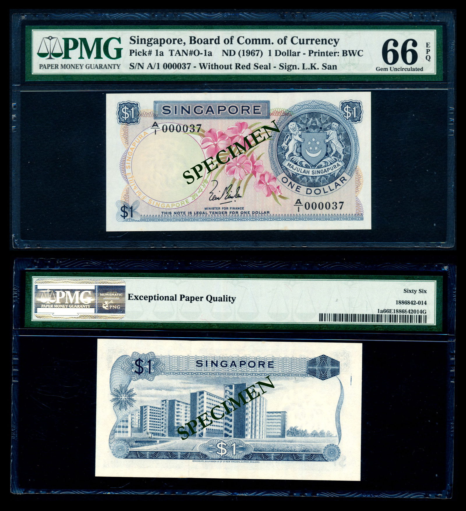 Singapore $1 1967 LKS A/1 000037 PMG (1 of 1)