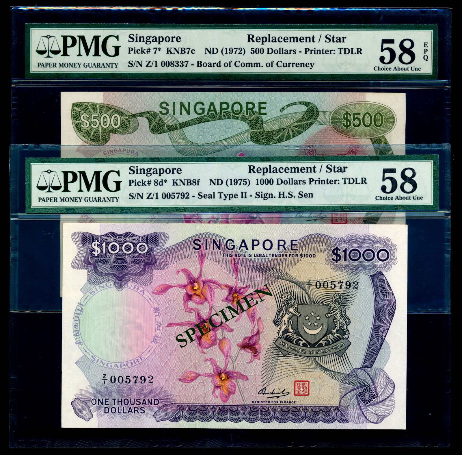 2 Singapore $500-$1000 1972-75 replacement (1 of 1)