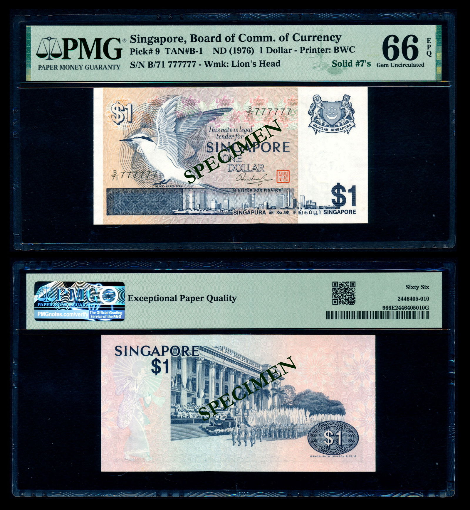Singapore $1 1976 bird B/71 777777 PMG (1 of 1)