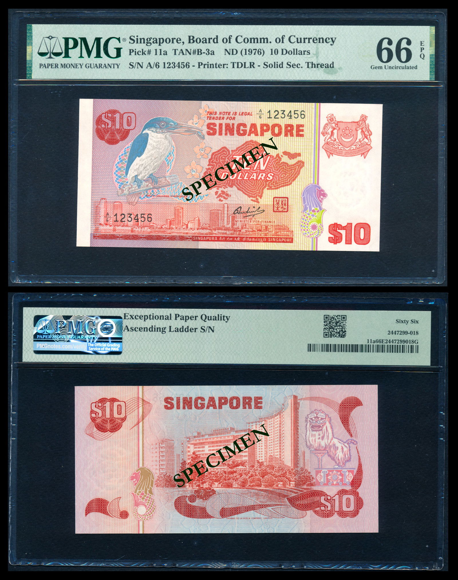 Singapore $10 1976 bird A/6 123456 PMG (1 of 1)