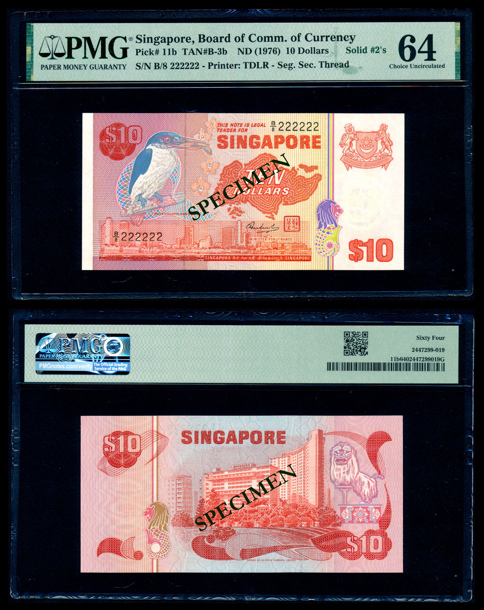 Singapore $10 1976 bird B/8 222222 PMG (1 of 1)