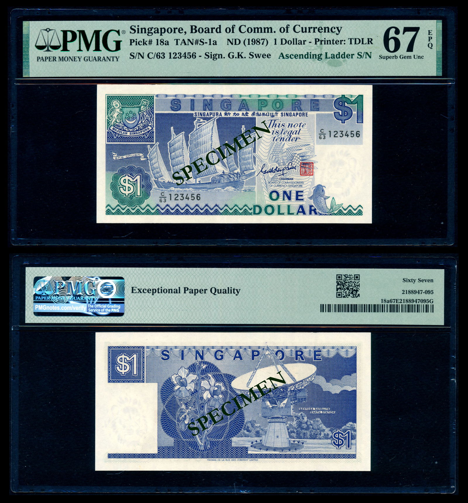 Singapore $1 1987 ship GKS C/63 123456 PMG (1 of 1)