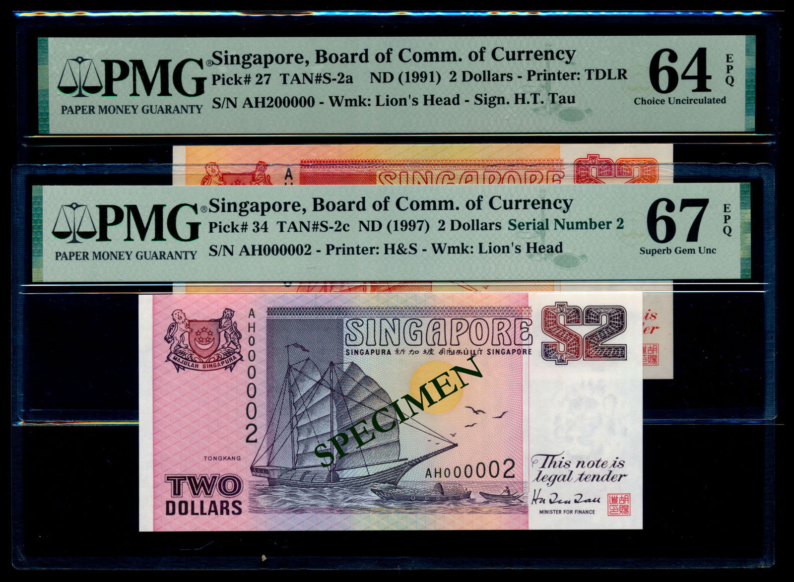 Singapore 2x$2 1991-97 ship PMG (1 of 1)