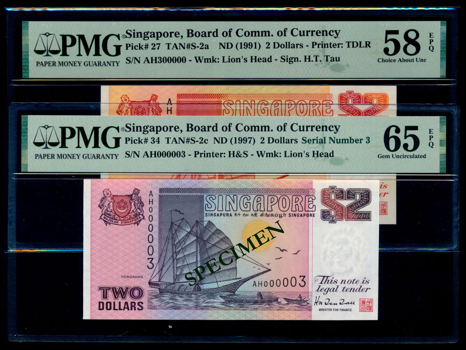 Singapore 2x$2 1991-97 ship PMG (1 of 1)