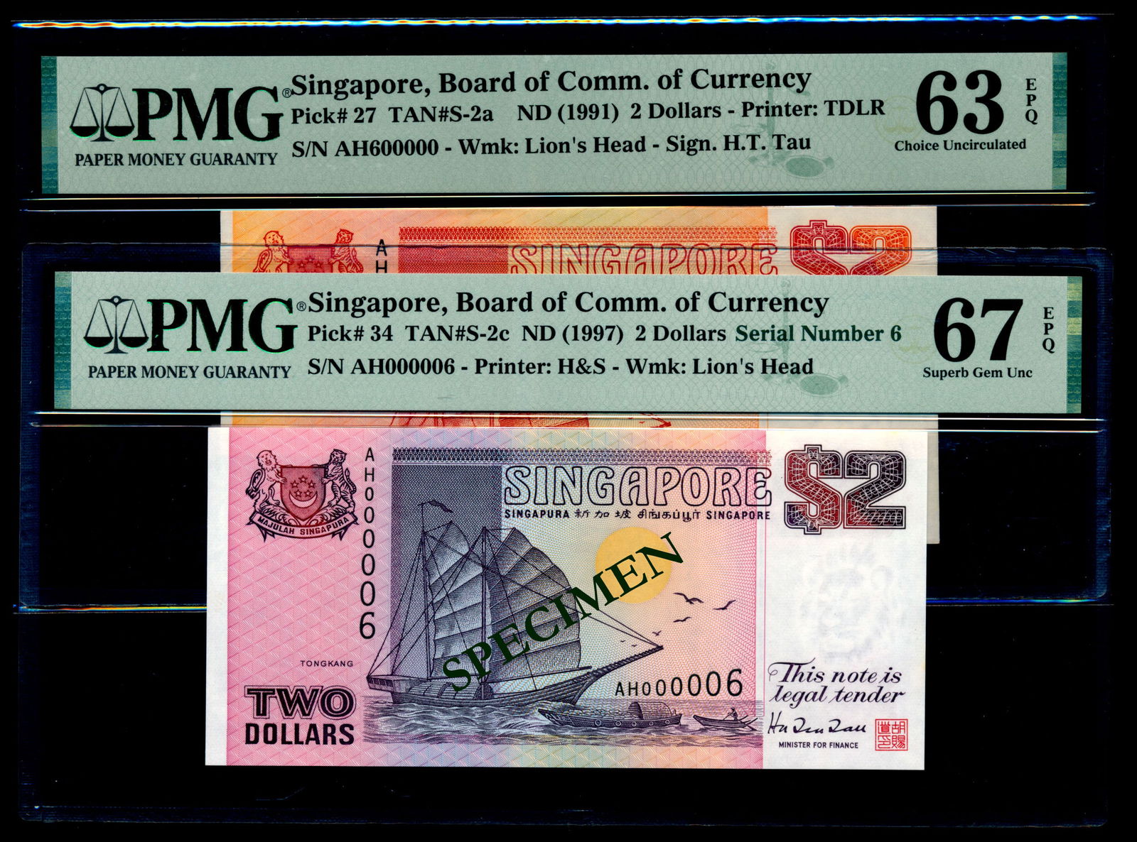 Singapore 2x$2 1991-97 ship PMG (1 of 1)