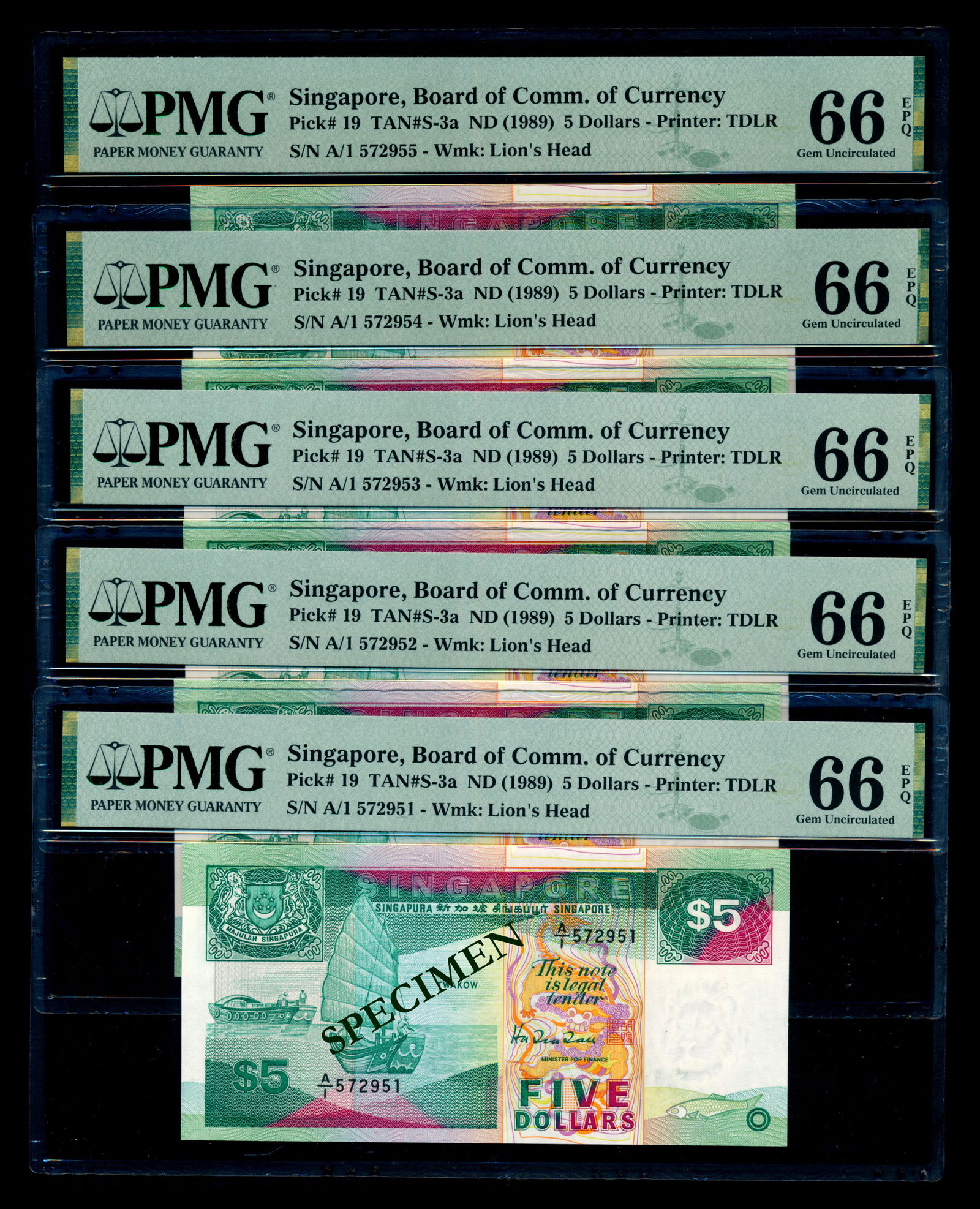 Singapore 5x$5 1989 ship 1st prefix PMG (1 of 1)