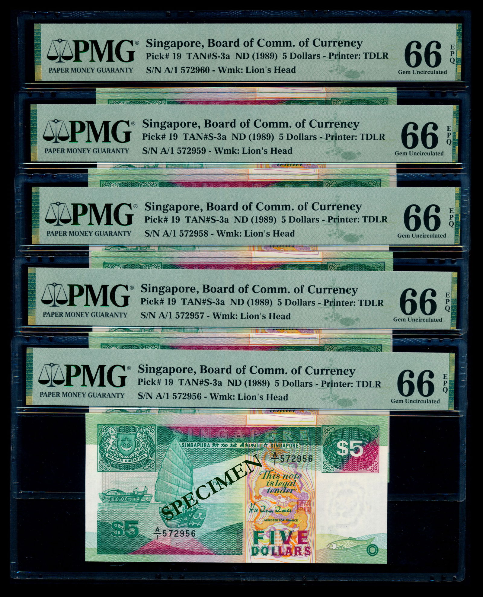 Singapore 5x$5 1989 ship 1st prefix PMG (1 of 1)