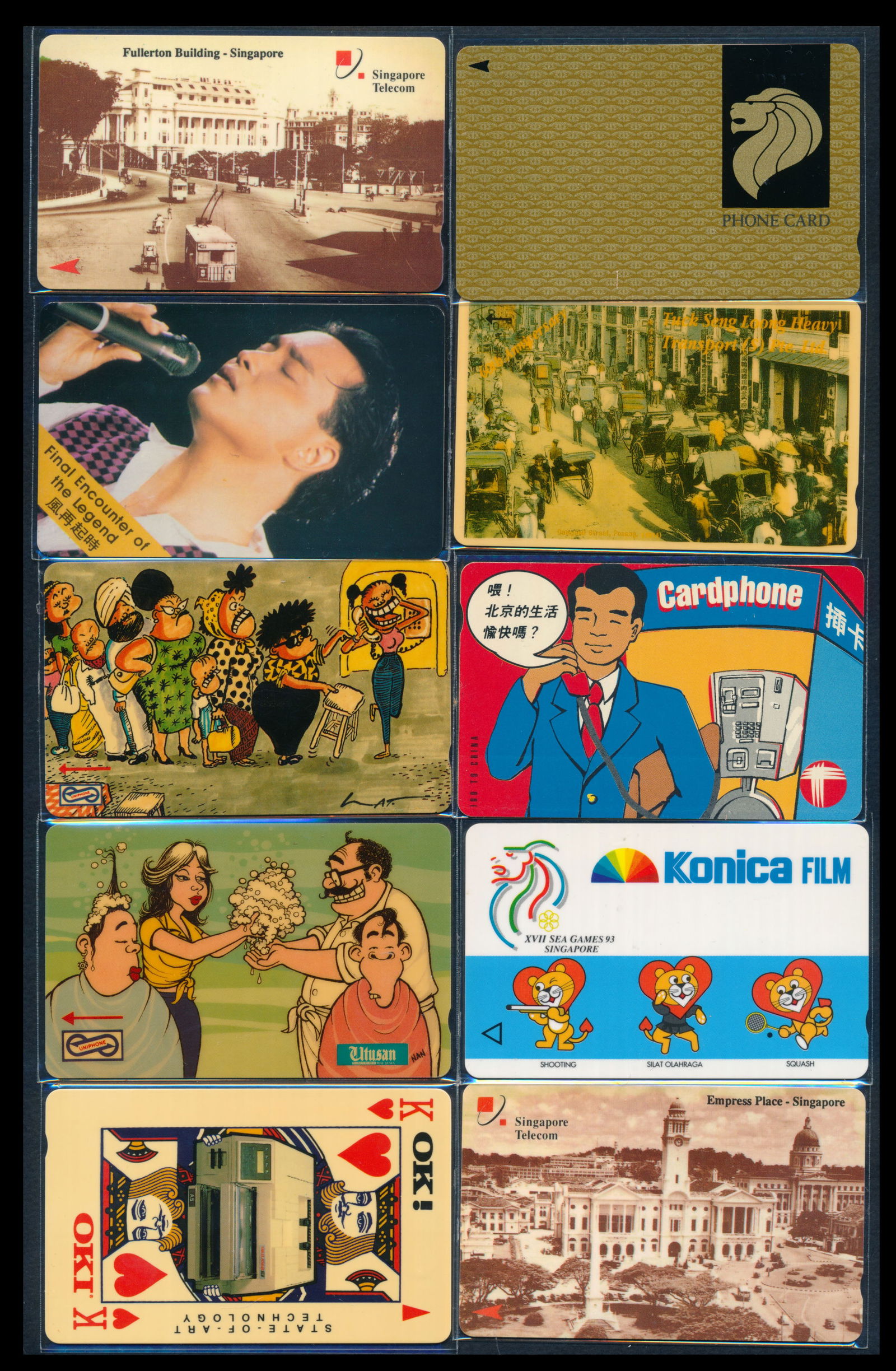 Singapore phone cards by SG Telecom etc: Singapore Singapore phone cards by Singapore Telecom; Together with world phone cards from Cyprus, France, Great Britain, Hong Kong, Malaysia, Spain, etc. All in 13 albums, approx. 2390 phone cards. F