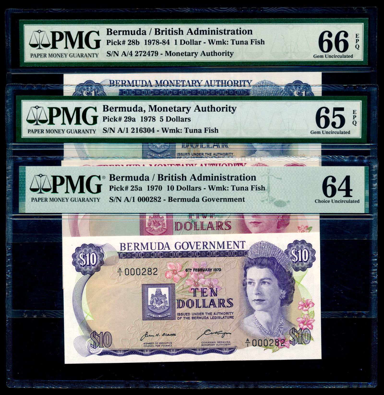 3 Bermuda $1-$10 1970-78 QEII PMG (1 of 1)
