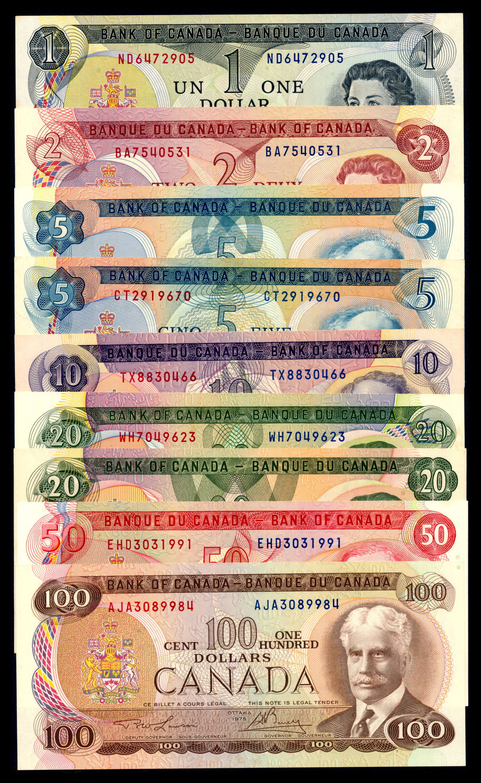 9 Canada $1-$100 1969-79: Canada Bank of Canada, $1, $2, $5(2), $10, $20(2), $50, $100, 1969-79, (P.85 to P.93), various serial nos., stains, ageing, one $5 VF, all others generally AU-UNC. (9)