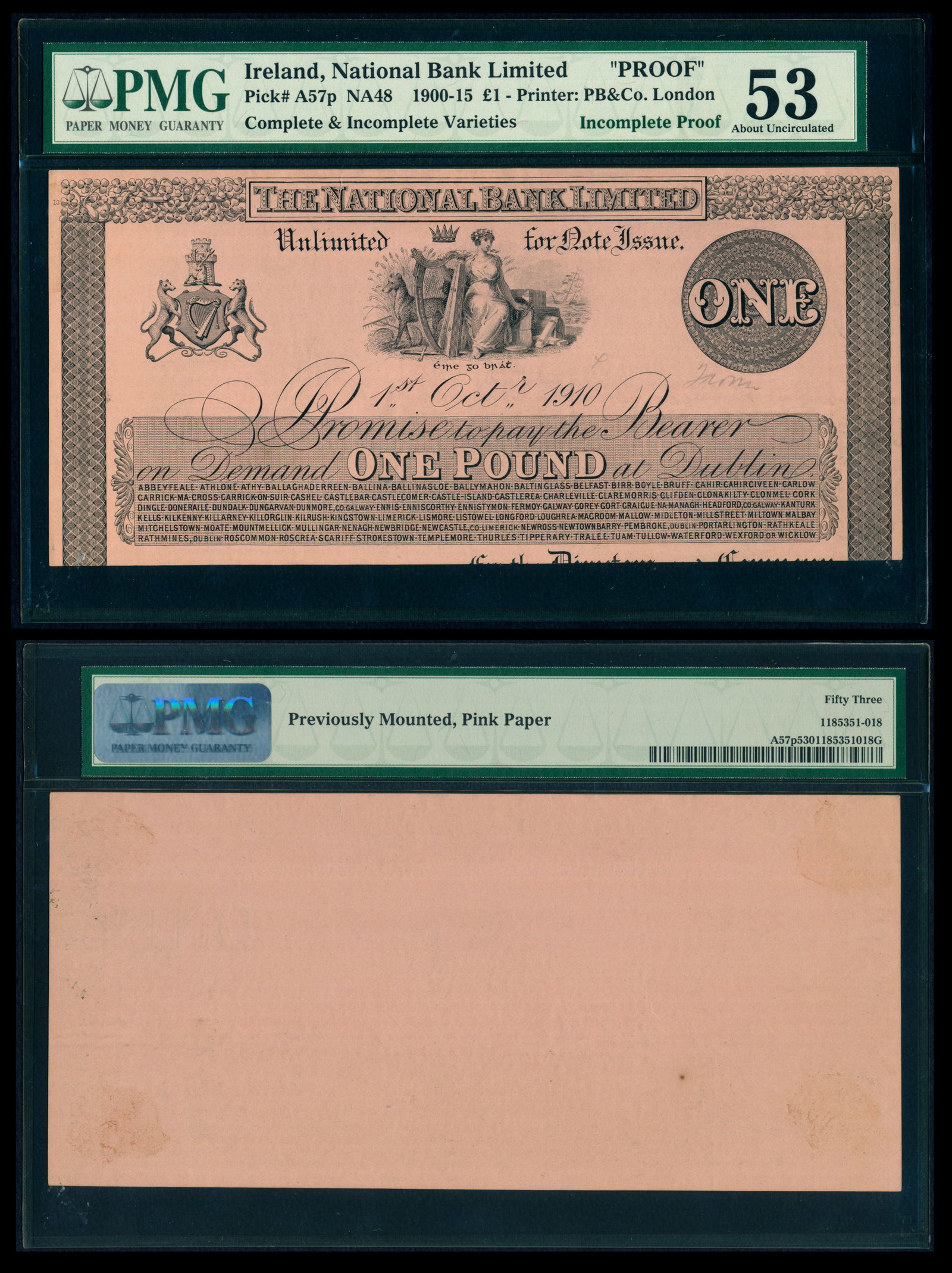 Ireland 1 Pound 1910 incomplete proof PMG: Ireland National Bank Limited, 1 Pound, 1 October 1910, (P.A57p; NA48), incomplete proof, previously mounted, pink paper, PMG AU53.