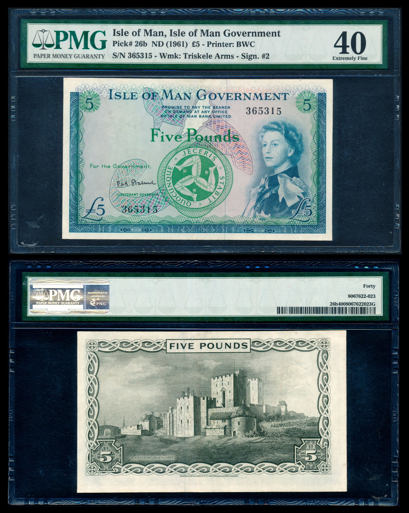 Isle of Man 5 Pounds 1961 QEII PMG: Isle of Man Isle of Man Government, 5 Pounds, ND (1961), Queen Elizabeth II, sign. Stallard, (P.26b), serial no 365315, PMG XF40.