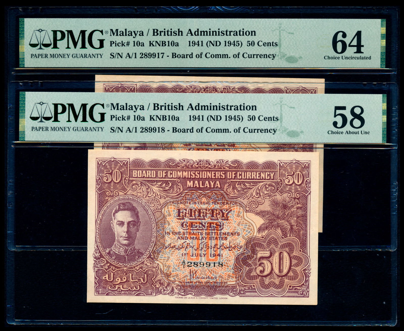 Malaya 2x50c 1941 KGVI PMG (1 of 1)