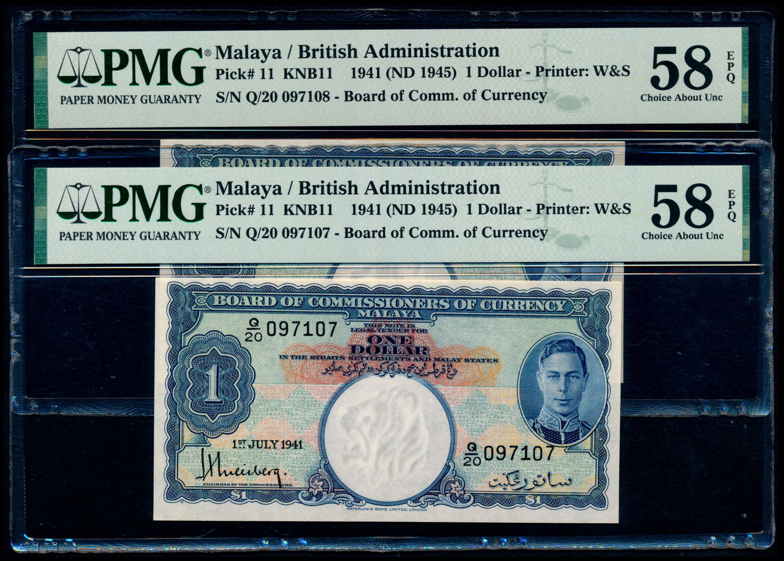 Malaya 2x$1 1941 KGVI PMG (1 of 1)