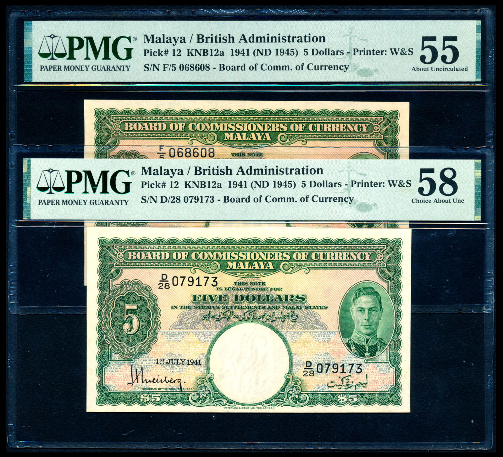 Malaya 2x$5 1941 KGVI PMG (1 of 1)