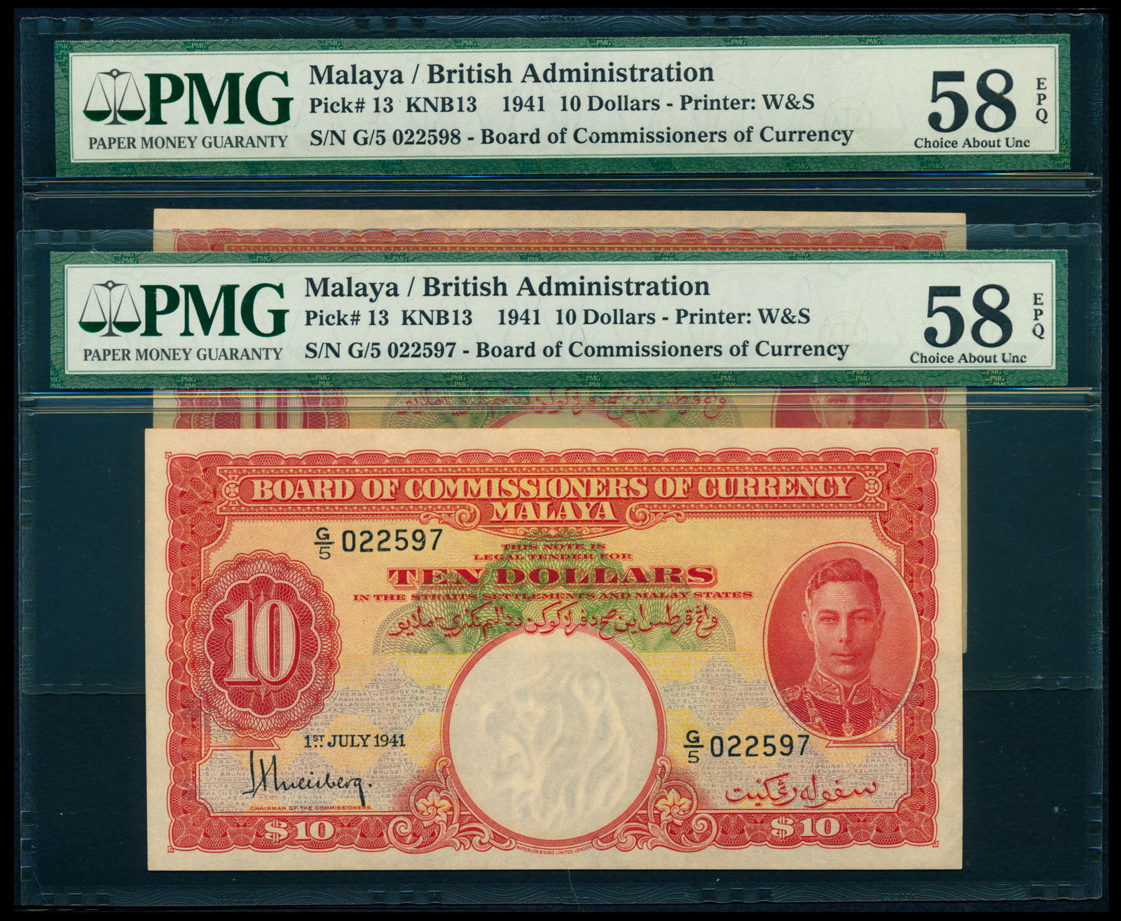 Malaya 2x$10 1941 KGVI PMG (1 of 1)