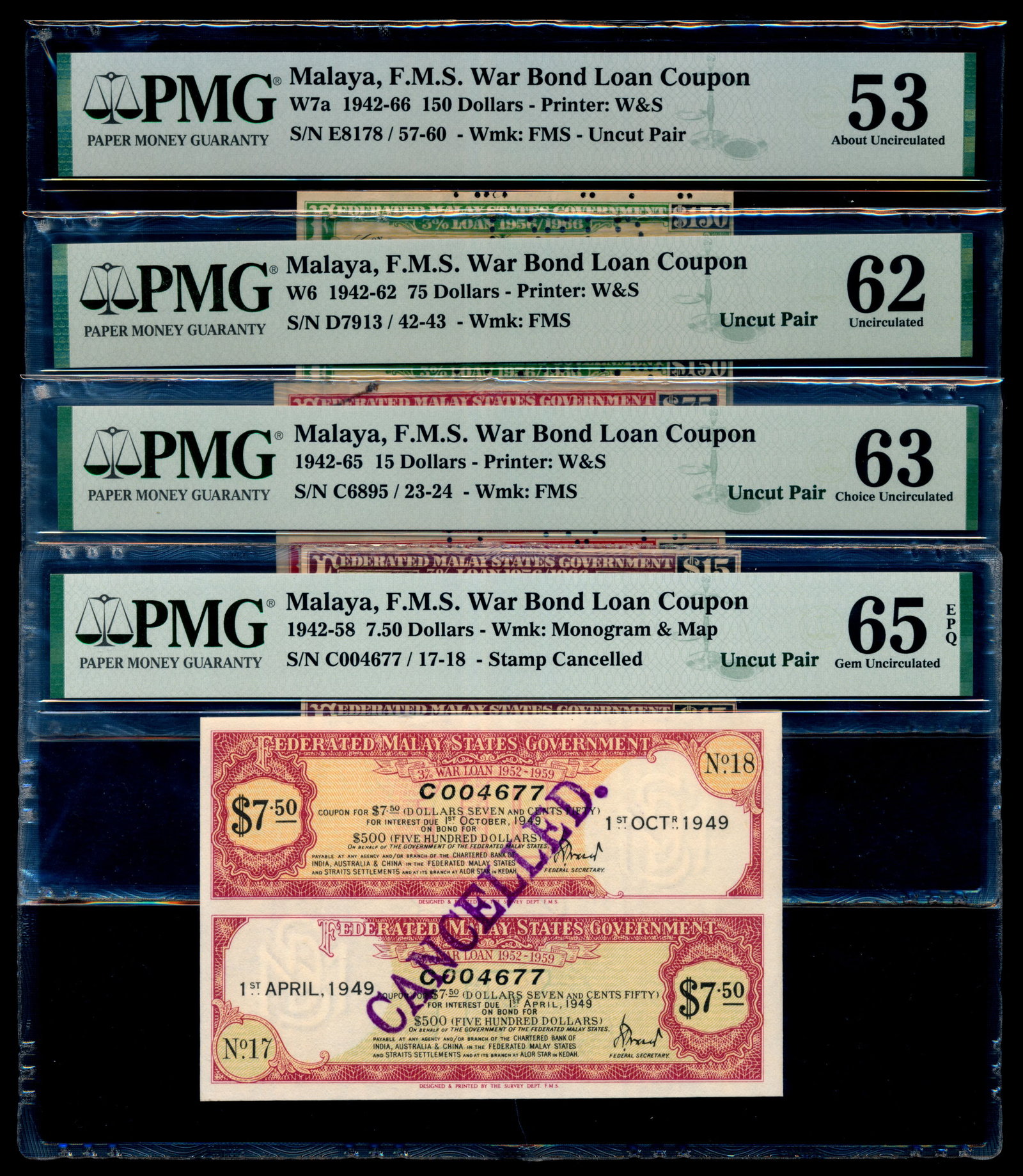 4 Malaya FMS 1942-66 War Bond Loan Coupons: Malaya Federated Malay States, 1942-66, War Bond Loan Coupons, $7.50, serial no. C 004677/17-18, uncut pair, stamp cancelled, PMG Gem UNC65EPQ; $15, serial no. C 6895/23-24, uncut pair, PMG Choice UNC