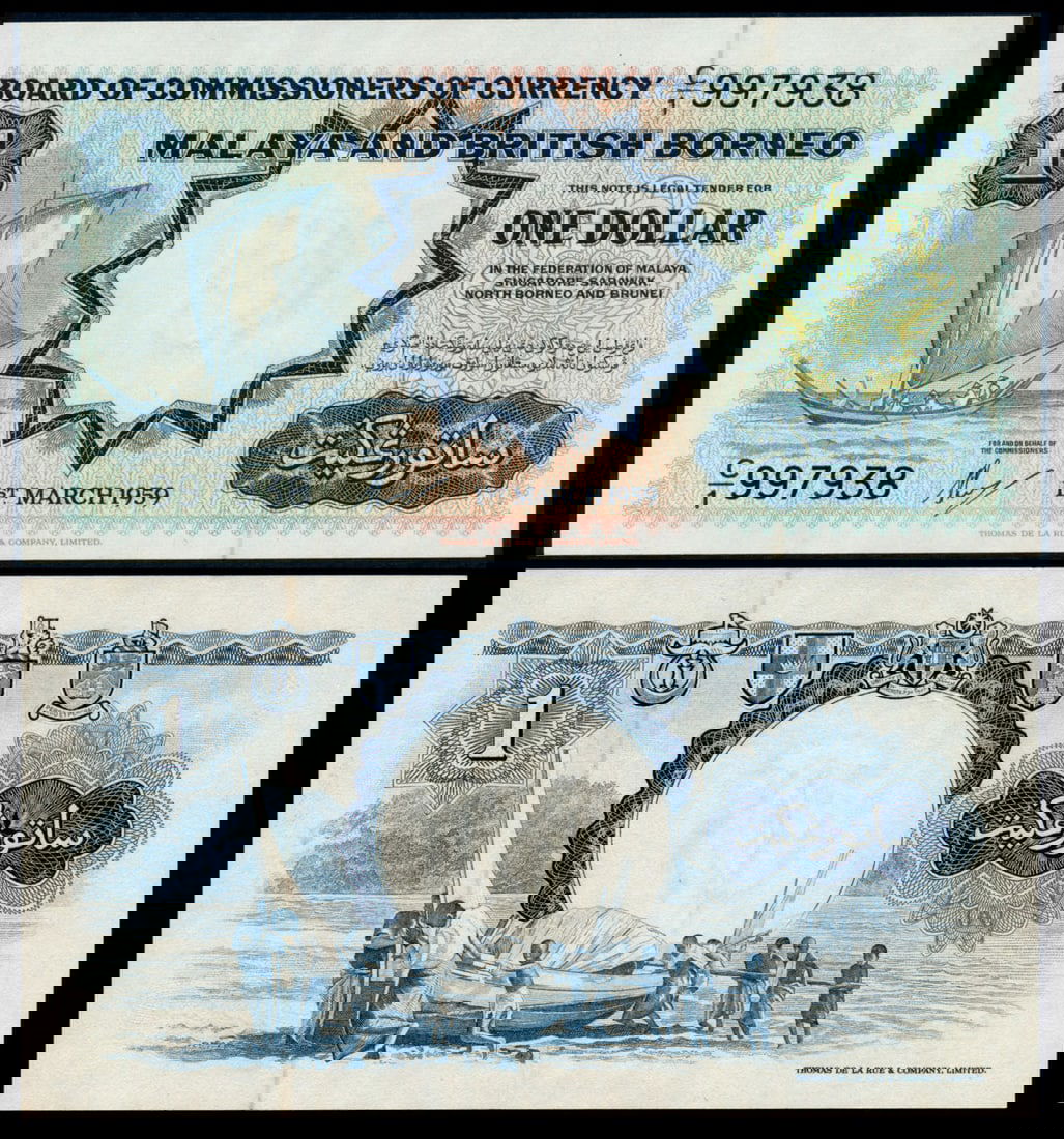 Malaya Br Borneo $1 1959 sailing boat TDLR: Malaya & British Borneo $1, 1 March 1959, sailing boat, Thomas de la Rue, (P.8A; Tan M25a), serial no. C/1 997938, slight print shift downwards, ageing, VF.