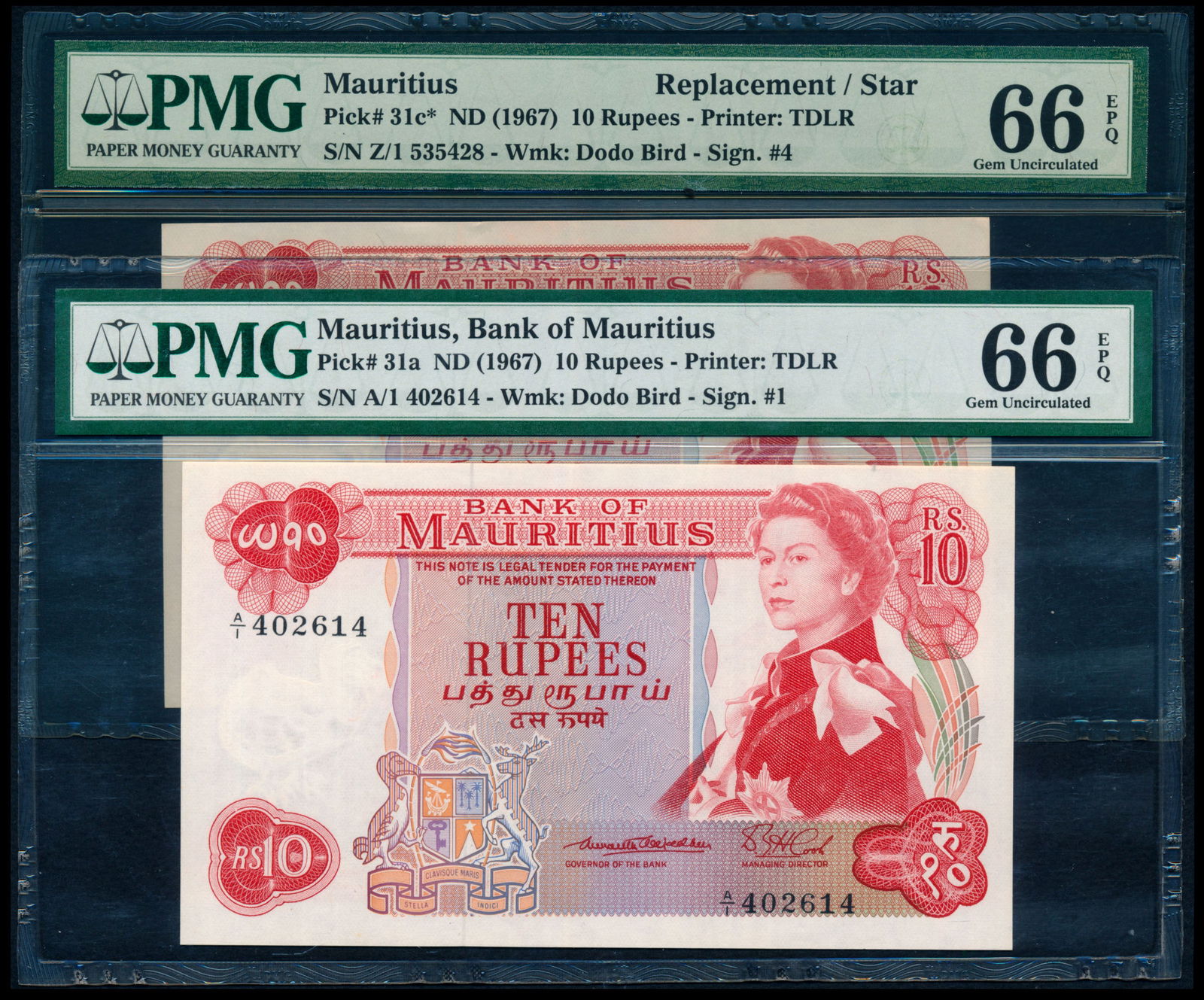 Mauritius 2x10 Rupees 1967 QEII PMG (1 of 1)