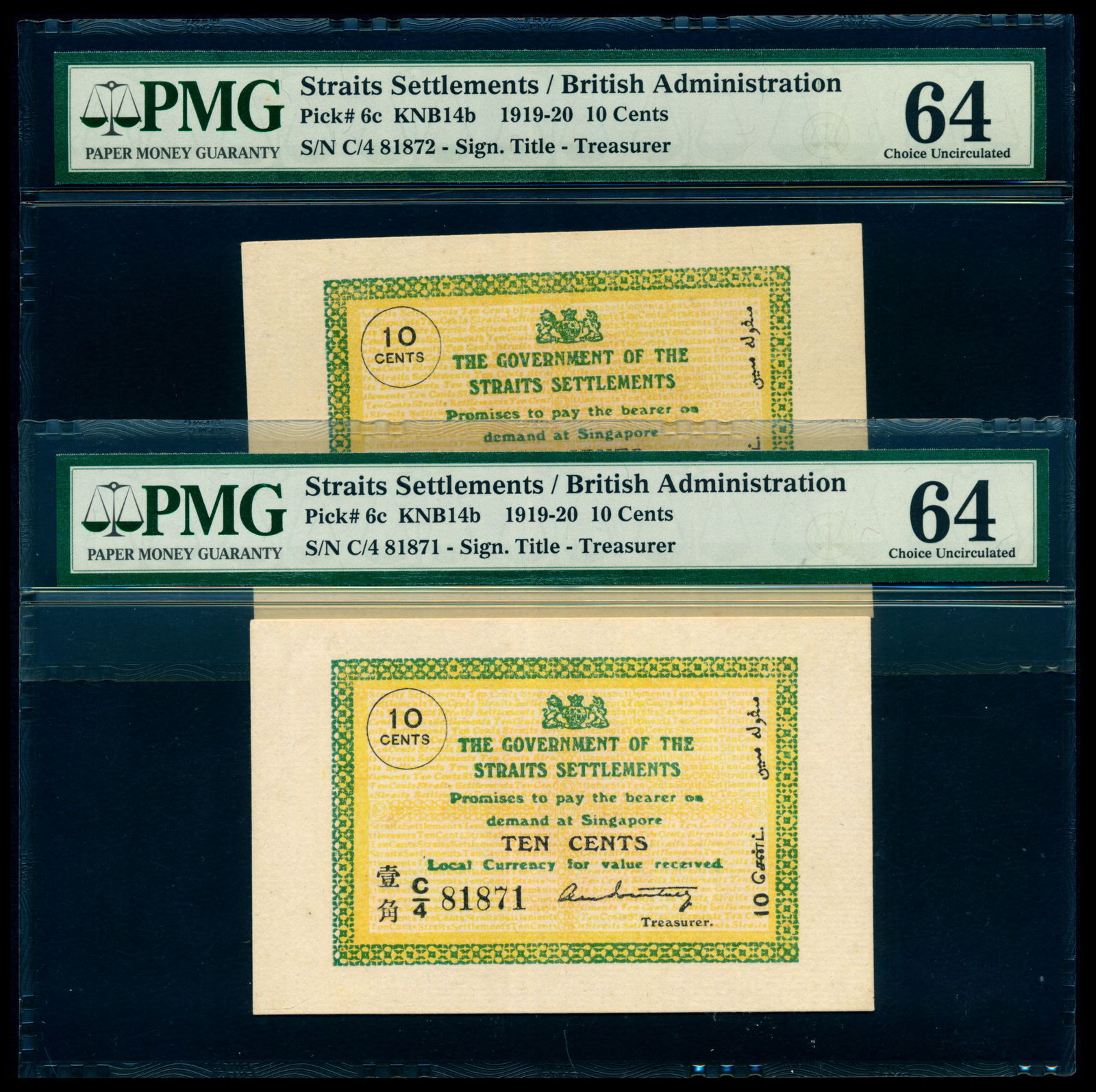 Straits Settlements 2x10c 1919 Treasurer PMG (1 of 1)